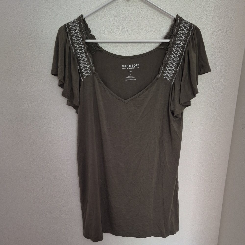 torrid Olive Embroidered Flutter Sleeve Tee